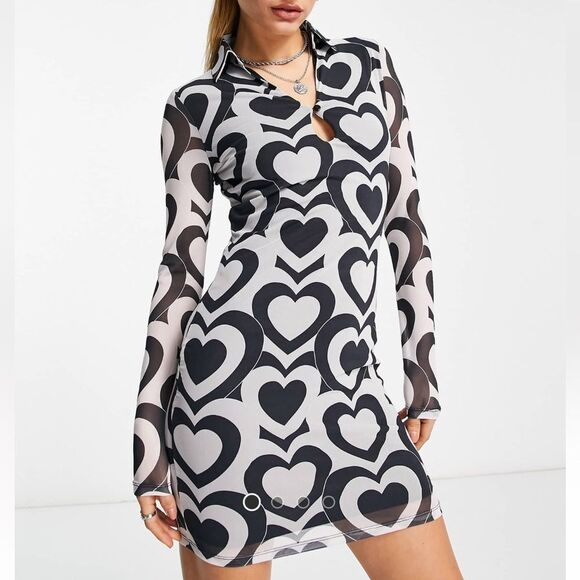 NWT ASOS | Violet Romance | Collared Mesh Mini Dress in Heart Print - Picture 1 of 8